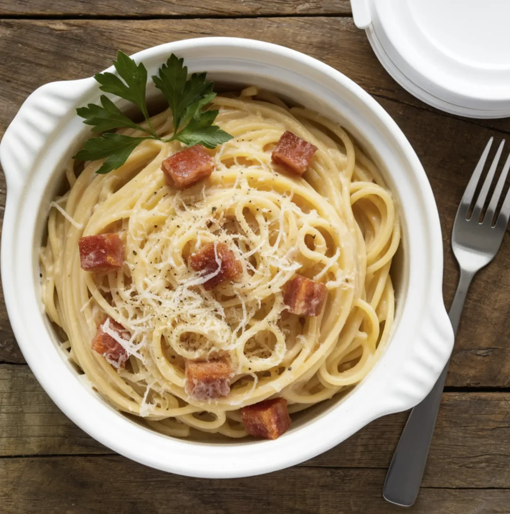 A bowl of spaghetti carbonara with a creamy egg-based sauce, sprinkled with Parmesan cheese, pancetta, and black pepper, set on a rustic wooden table alongside an airtight container and a fork.