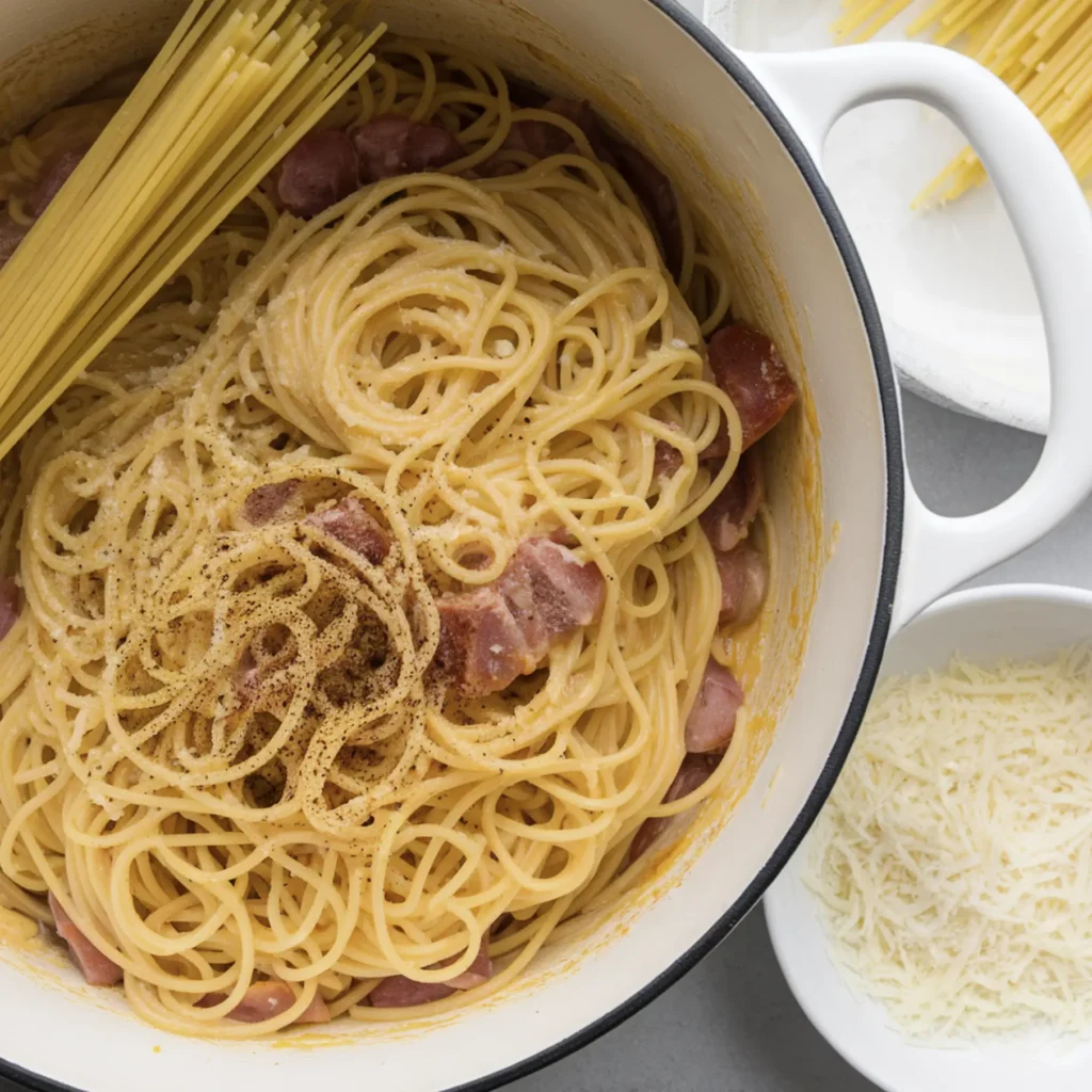 Containers of cooked spaghetti and creamy carbonara sauce labeled for freezing, along with freezer-safe bags marked with dates, displayed on a clean countertop with a roll of plastic wrap and a marker pen.