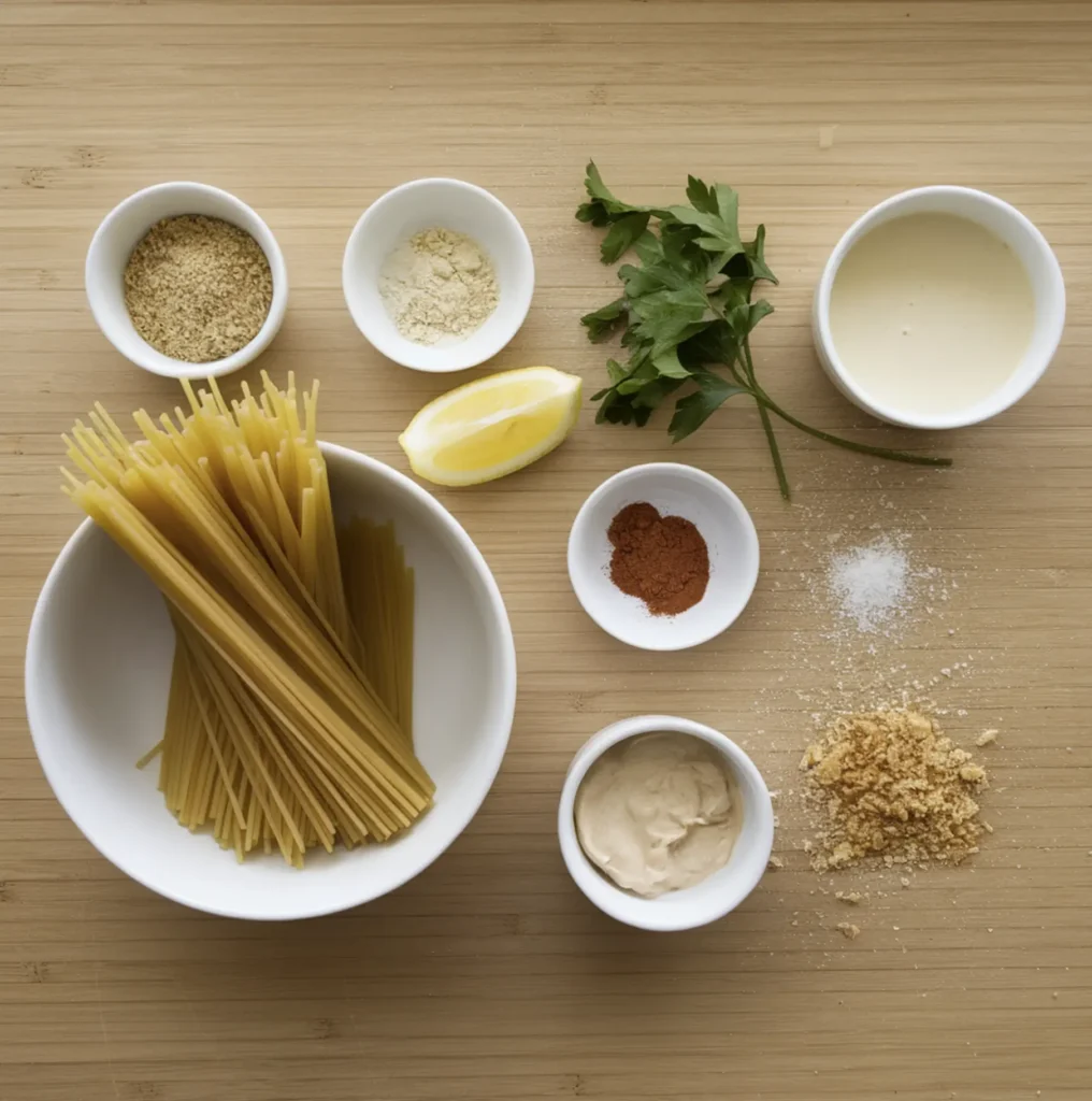 Ingredients for dairy-free spaghetti carbonara, including cooked spaghetti, nutritional yeast, cashew cream, garlic powder, smoked paprika, fresh herbs, and toasted breadcrumbs, arranged on a wooden countertop.