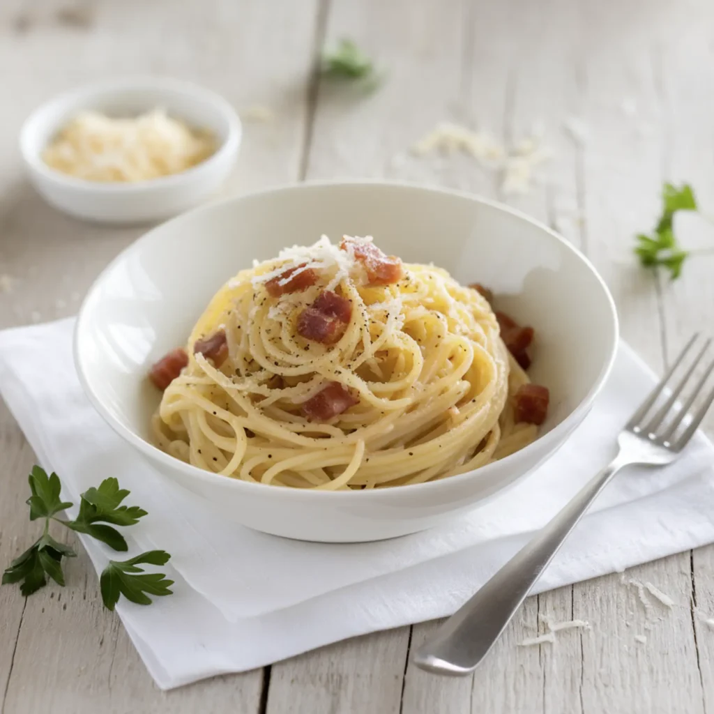 A bowl of freshly made spaghetti carbonara garnished with Parmesan cheese, crispy pancetta, and black pepper, placed on a rustic wooden table with a fork, grated cheese, and parsley.