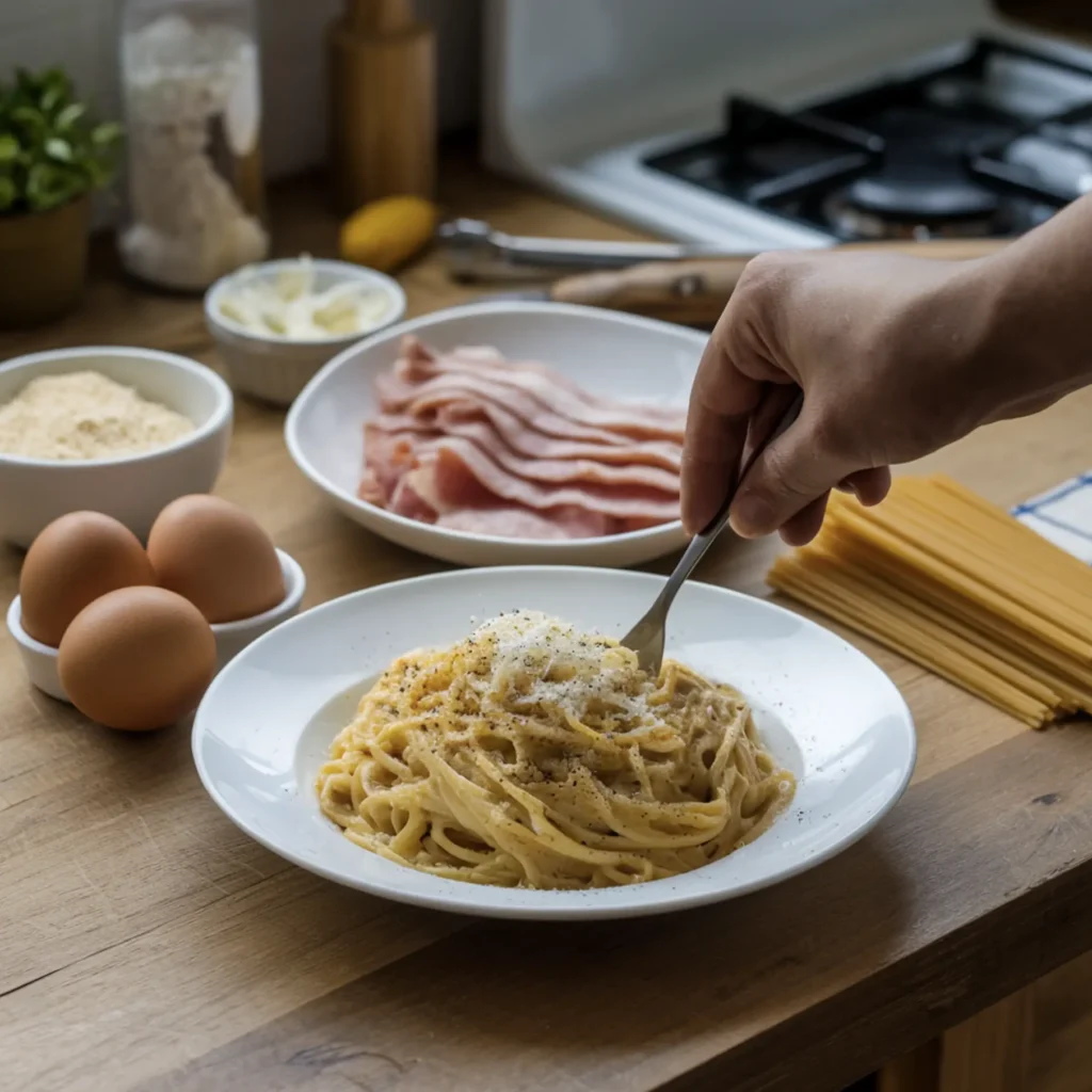 A plate of creamy spaghetti carbonara on a wooden kitchen countertop, surrounded by fresh ingredients like eggs, turkey bacon, grated cheese, and uncooked spaghetti, with a hand stirring the pasta.