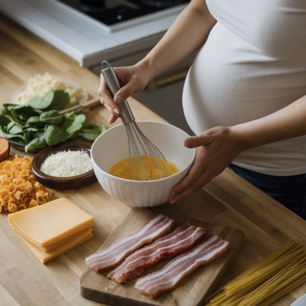 A pregnant woman whisking eggs in a bowl on a wooden countertop, surrounded by fresh ingredients like turkey bacon, spinach, cheese, and pasta.