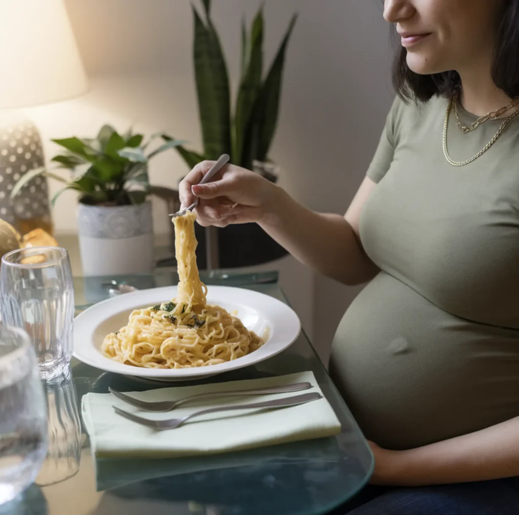 A pregnant woman enjoying a plate of creamy spaghetti carbonara at a dinner table, with a cozy and peaceful ambiance.