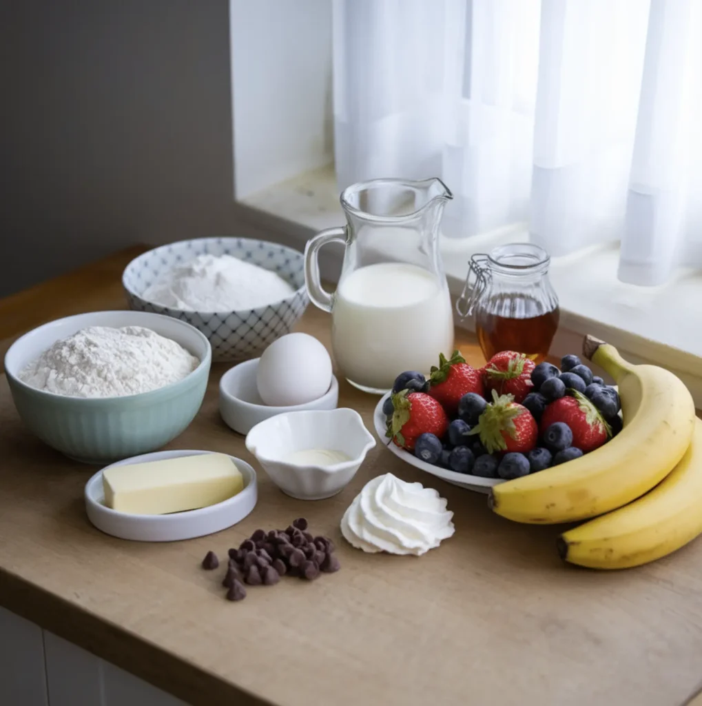 Ingredients for a perfect pancake recipe, including flour, sugar, baking powder, milk, egg, butter, vanilla extract, and optional toppings like fresh fruits and syrup, arranged on a wooden counter.