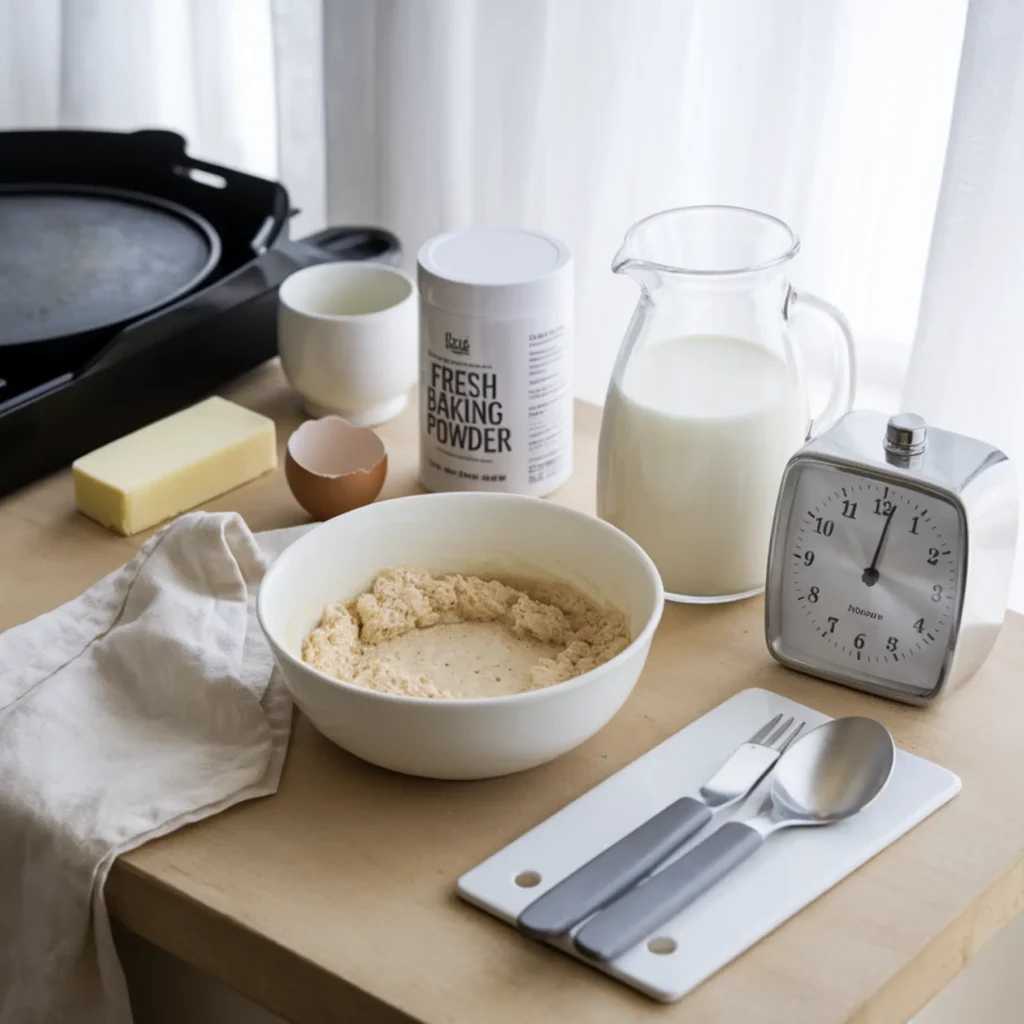 Essential tips for a fluffy pancake recipe, featuring lumpy batter, fresh baking powder, a cracked egg, milk, butter, and a timer for resting, arranged on a wooden counter.