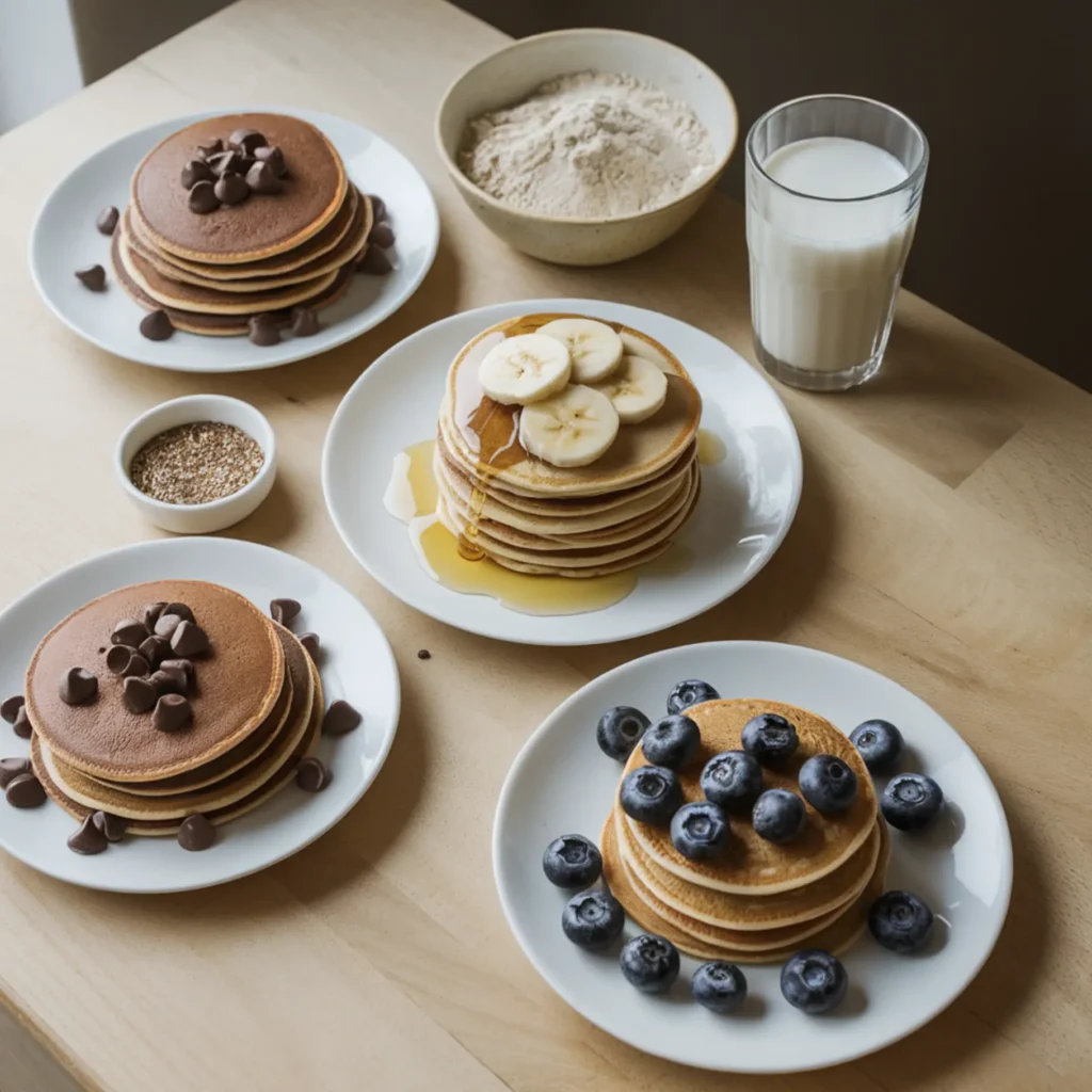 Creative pancake recipe variations including chocolate chip pancakes, banana pancakes, blueberry pancakes, gluten-free flour, and vegan ingredients like almond milk and flaxseed mixture, arranged on a wooden counter.