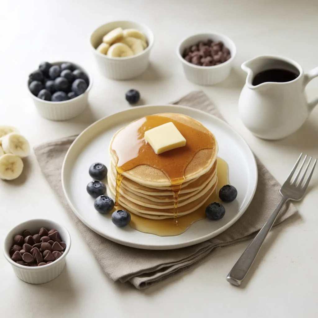 A stack of golden pancakes topped with butter and syrup, surrounded by bowls of blueberries, sliced bananas, and chocolate chips, with a jug of syrup and fork on the side.