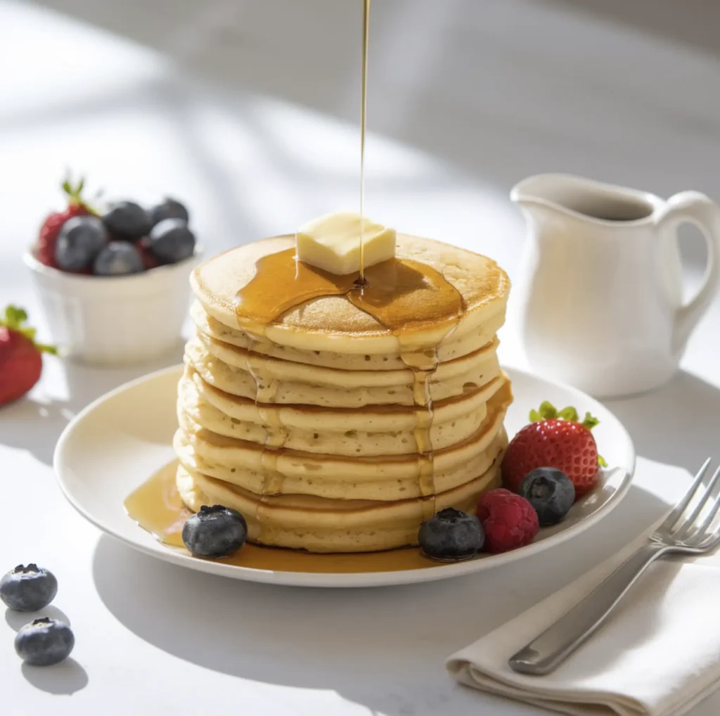 A stack of fluffy golden pancakes on a white plate, topped with melting butter and drizzled with maple syrup, surrounded by fresh berries and a jug of syrup.