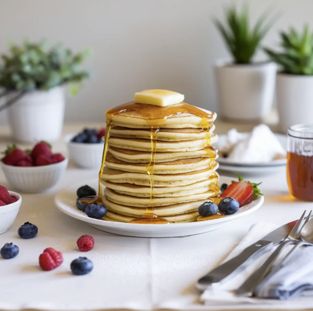 A tall stack of golden-brown pancakes on a white plate, topped with melting butter and syrup, surrounded by fresh berries, a jar of honey, and powdered sugar on a clean, minimalistic table.