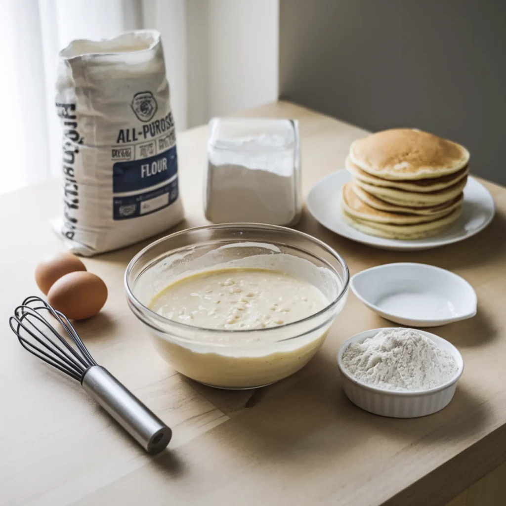 Pancake batter preparation with a bowl of batter, whisk, all-purpose flour, cake flour, and cracked eggs on a wooden kitchen counter.