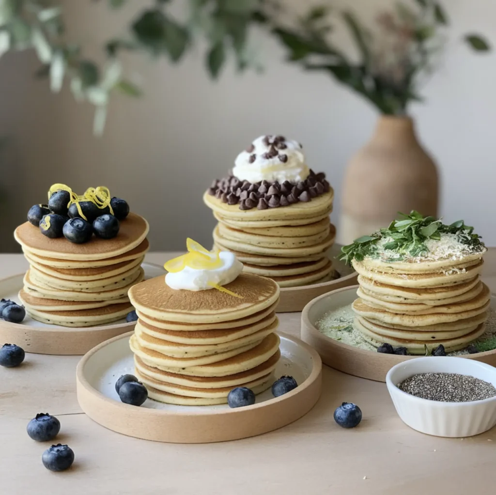 Four stacks of pancakes showcasing creative variations: blueberry with lemon zest, chocolate chip with whipped cream, gluten-free with chia seeds, and savory with herbs and cheese.