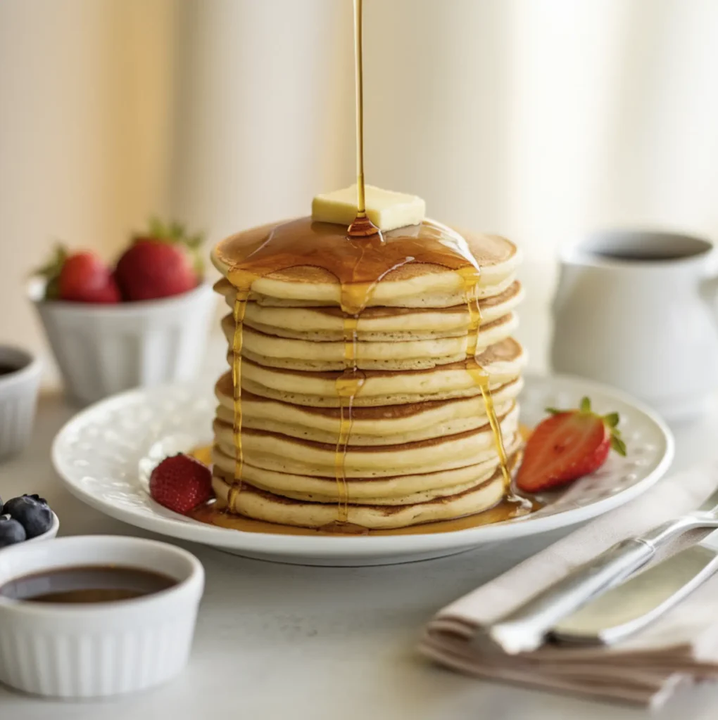 A tall stack of golden, fluffy pancakes topped with butter and syrup, garnished with fresh blueberries and mint on a rustic wooden table.