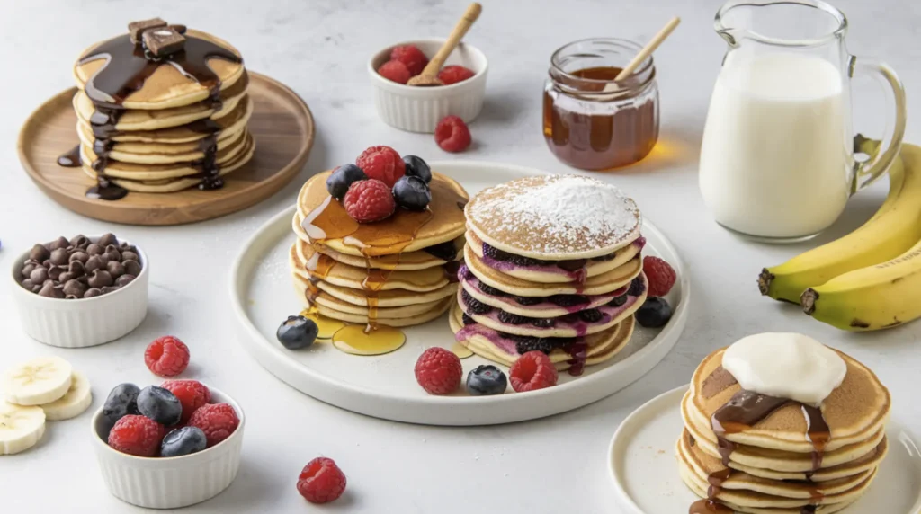 A plate showcasing three pancake variations: one with chocolate chips and syrup, another with fresh berries and powdered sugar, and a third with banana slices and yogurt, surrounded by small bowls of ingredients.