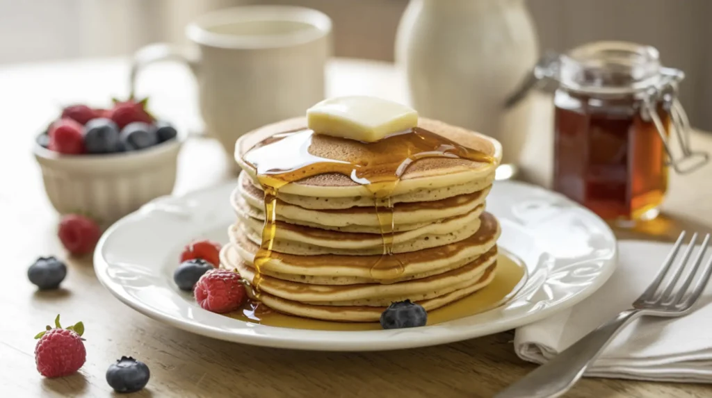 A stack of golden-brown pancakes topped with a pat of melting butter and a drizzle of maple syrup, surrounded by fresh berries and breakfast elements on a wooden table.