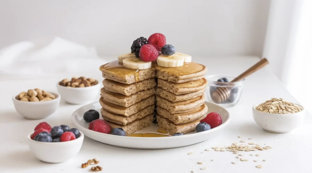 A stack of fluffy whole-grain pancakes topped with fresh berries, banana slices, and a drizzle of honey, surrounded by bowls of nuts and oat flour on a white plate.