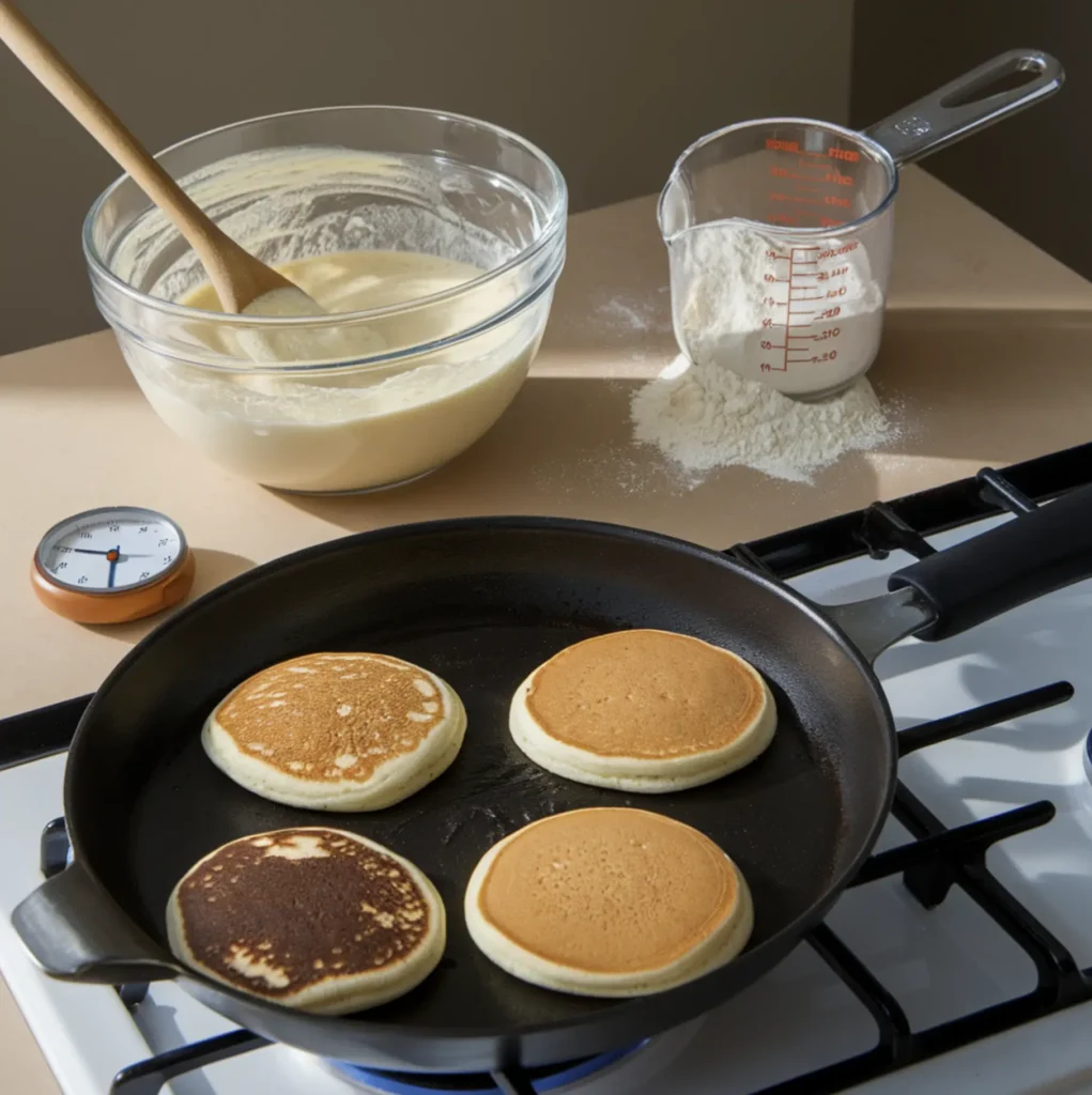 A kitchen counter showing pancake-making mistakes: a mixing bowl with overmixed batter and gluten strands, an overflowing measuring cup of flour, expired baking powder, and a skillet on the stovetop with unevenly cooked pancakes, alongside a kitchen timer.