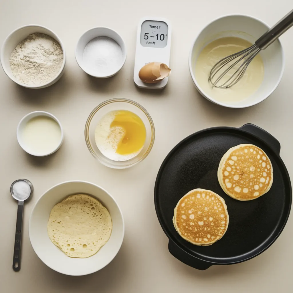 A step-by-step pancake preparation setup with dry ingredients in bowls, whisked wet ingredients, a bowl of lumpy batter, a kitchen timer set for resting, and a preheated griddle with golden pancakes cooking to perfection.