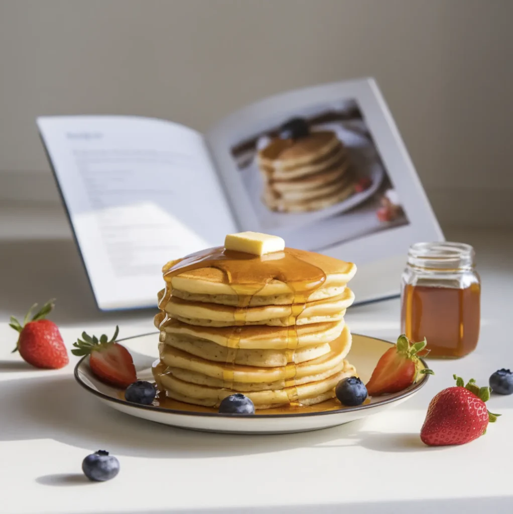 A stack of golden, fluffy pancakes drizzled with maple syrup and topped with melting butter, surrounded by fresh strawberries, blueberries, and a jar of honey, with a recipe card in the background.