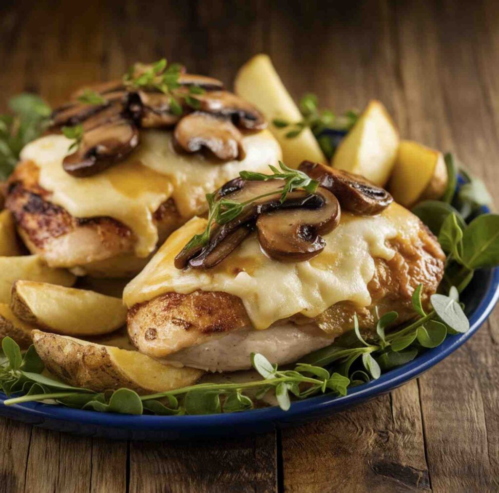 A serving of Alice Springs Chicken Recipe with melted cheese, crispy bacon, and fresh parsley on a white plate.