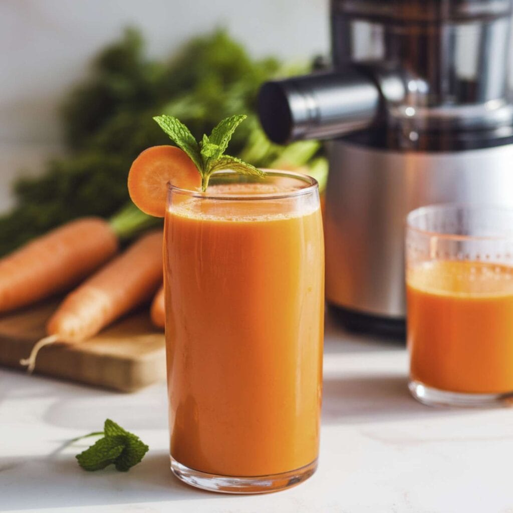 Freshly prepared carrot juice recipe with vibrant orange hues in a glass, surrounded by fresh carrots and garnishes.
