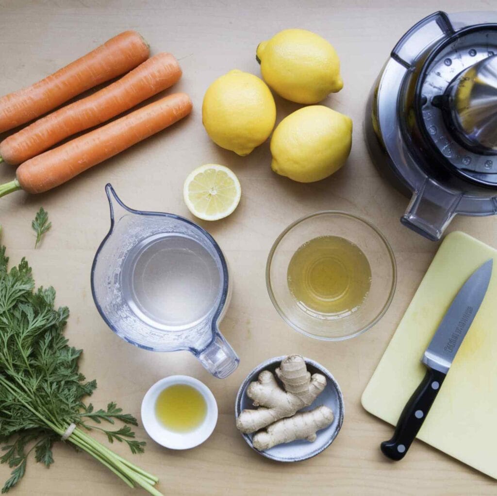 Freshly prepared carrot juice recipe with vibrant orange hues in a glass, surrounded by fresh carrots and garnishes.
