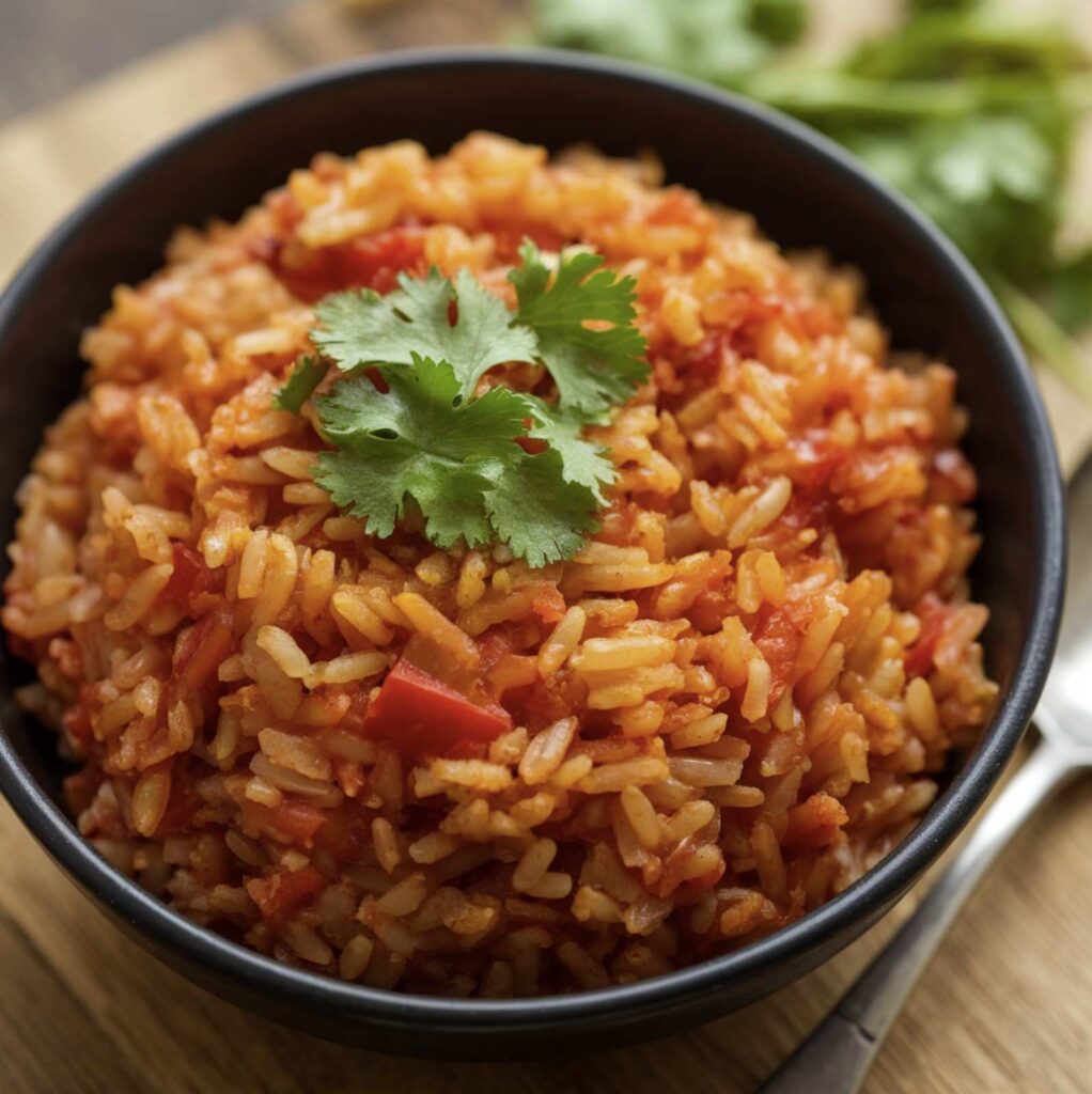 A plate of vibrant Mexican-style rice garnished with fresh cilantro, served alongside grilled vegetables and a lime wedge for a burst of flavor.