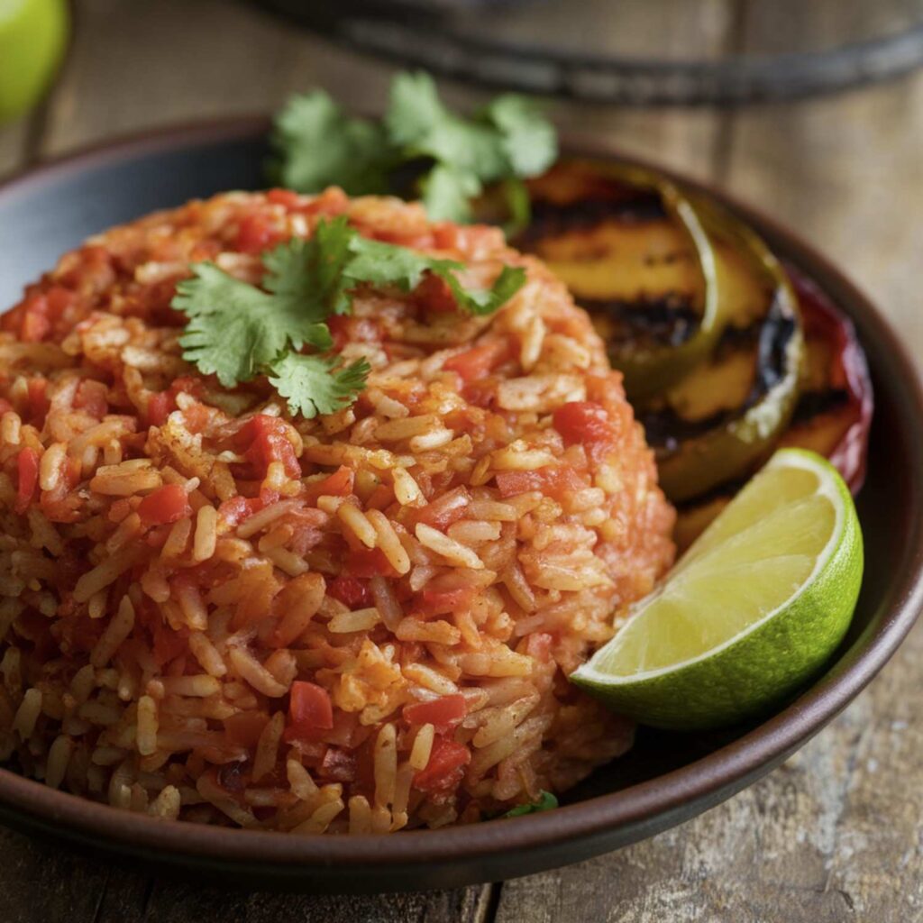 A plate of vibrant Mexican-style rice garnished with fresh cilantro, served alongside grilled vegetables and a lime wedge for a burst of flavor.