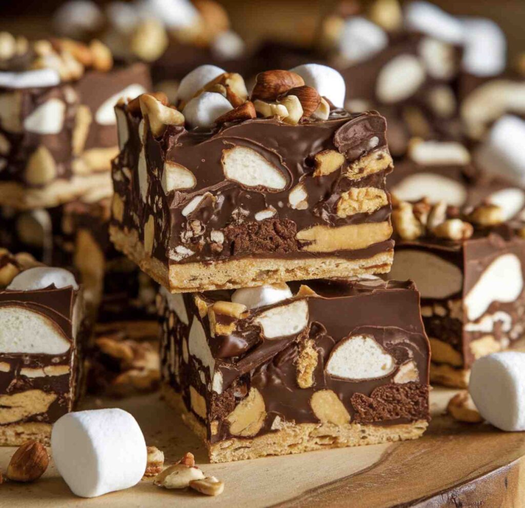 A delicious slice of chocolate rocky road bliss topped with marshmallows, nuts, and chocolate drizzle.