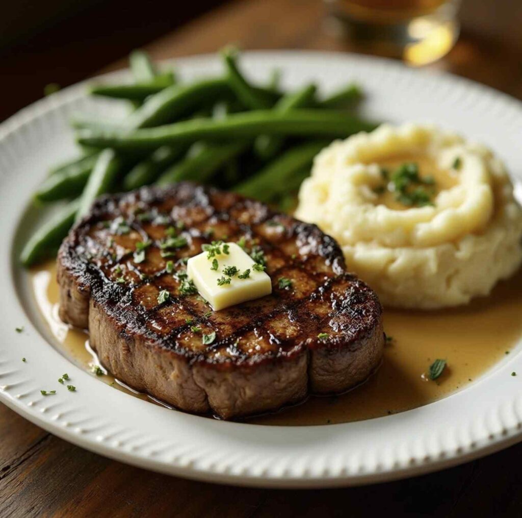 A perfectly cooked steak served alongside creamy mashed potatoes, garnished with fresh herbs.