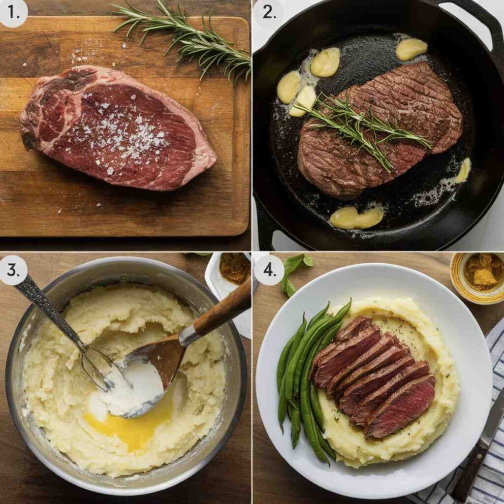 A perfectly cooked steak served alongside creamy mashed potatoes, garnished with fresh herbs.