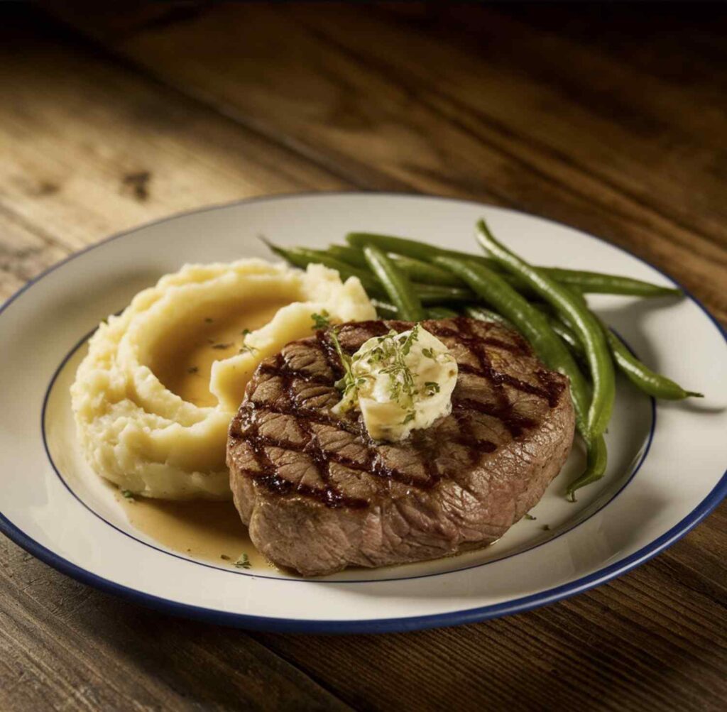 A perfectly cooked steak served alongside creamy mashed potatoes, garnished with fresh herbs.