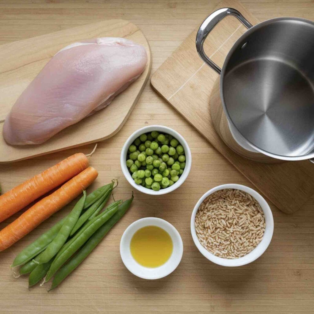 A photo of a flat-lay of ingredients for homemade dog food on a wooden kitchen counter.