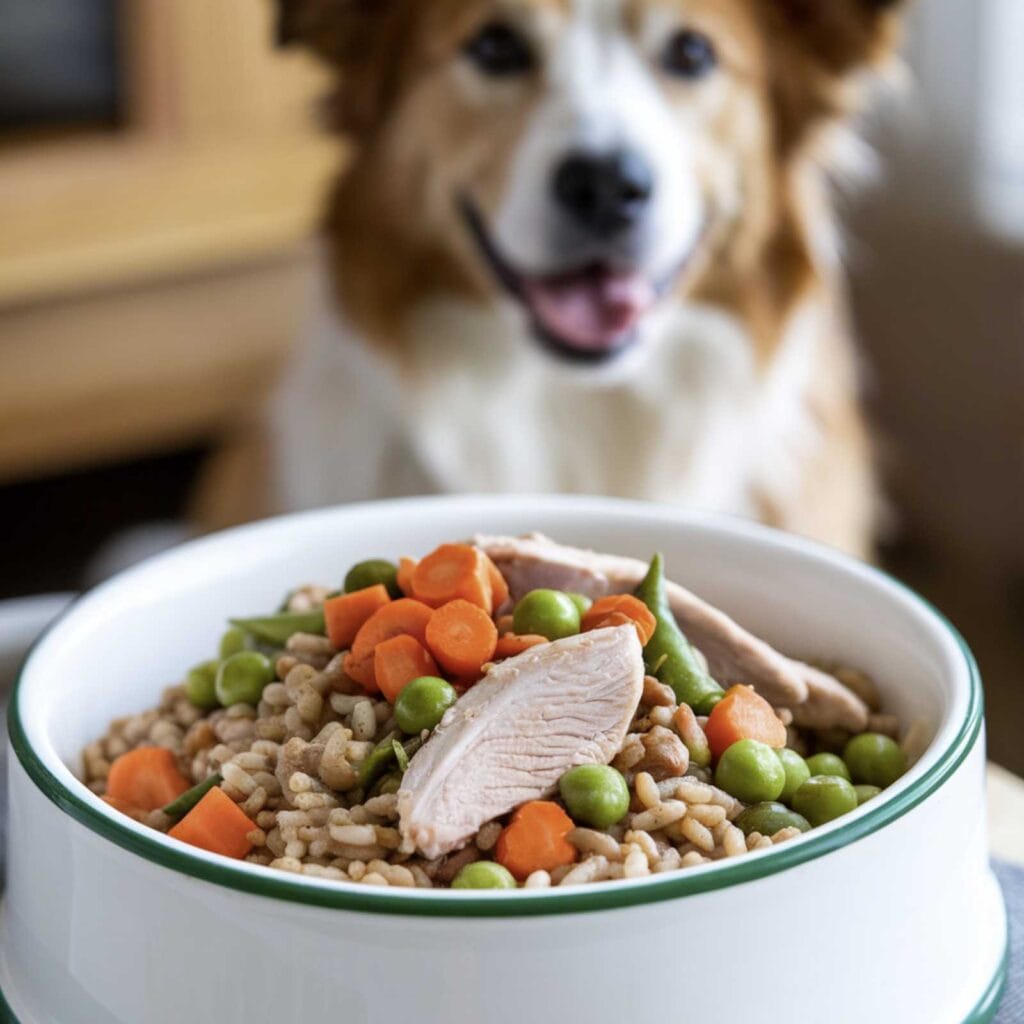 A photo of a bowl of vibrant, homemade dog food in a clean pet dish