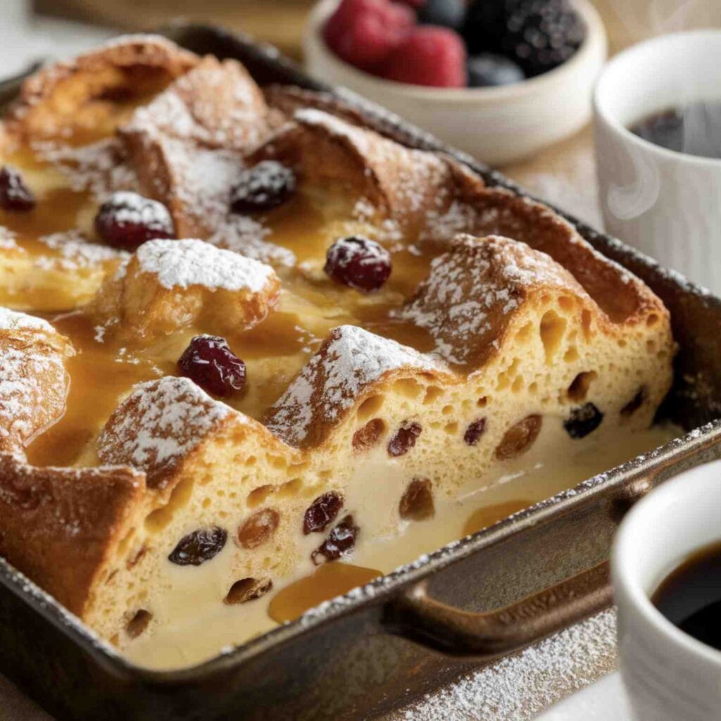 A golden-baked Panettone French Toast Casserole topped with powdered sugar and fresh berries.