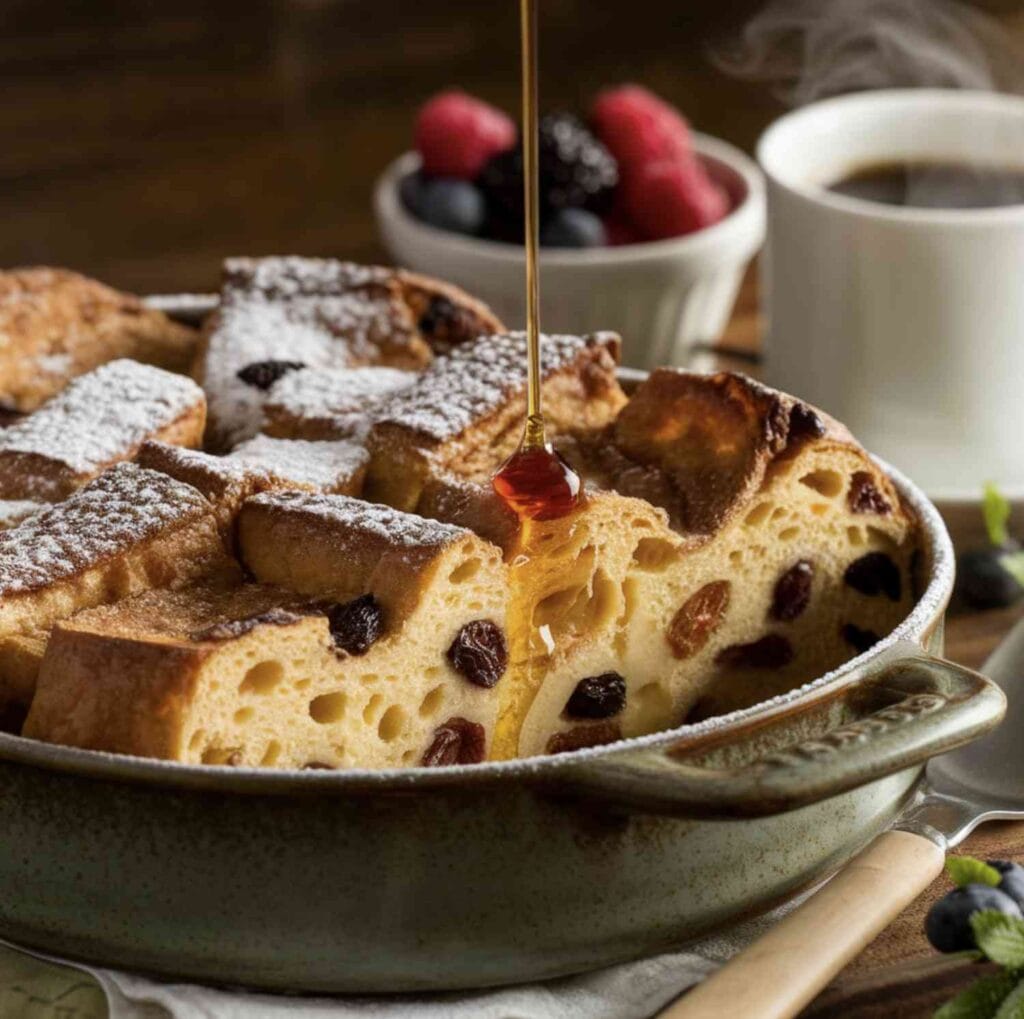 A golden-baked Panettone French Toast Casserole topped with powdered sugar and fresh berries.