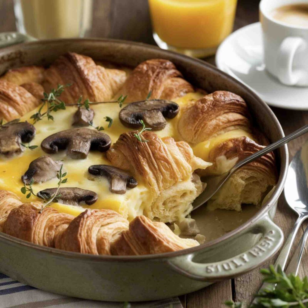 A golden, baked Mushroom and Gruyère Croissant Breakfast Casserole served in a white dish with crispy edges and melty cheese.