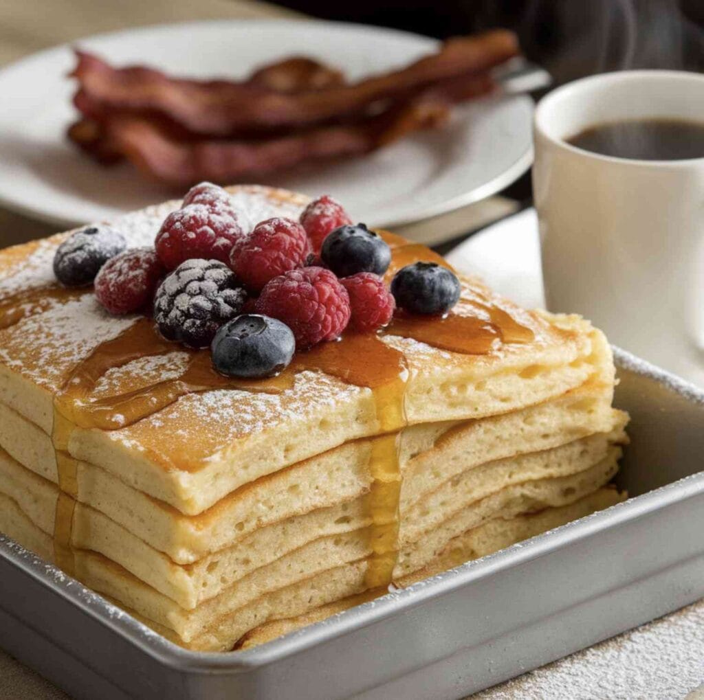 Golden pancake breakfast casserole topped with syrup and fresh berries.