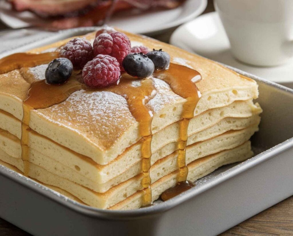 Golden pancake breakfast casserole topped with syrup and fresh berries.