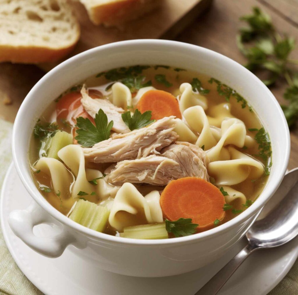 A hearty bowl of classic chicken noodle soup with chunks of chicken, egg noodles, and vegetables in a rich broth garnished with parsley.