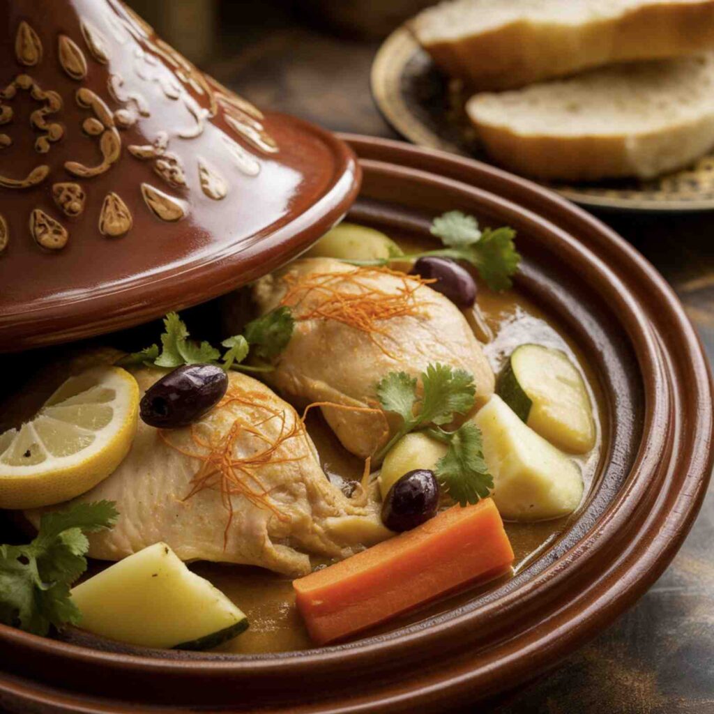 Moroccan chicken tagine with vibrant spices, tender chicken, and vegetables served in a traditional tagine pot.