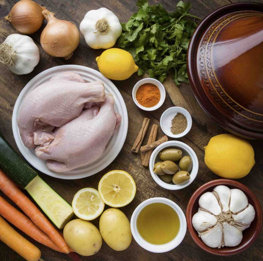 Moroccan chicken tagine with vibrant spices, tender chicken, and vegetables served in a traditional tagine pot.