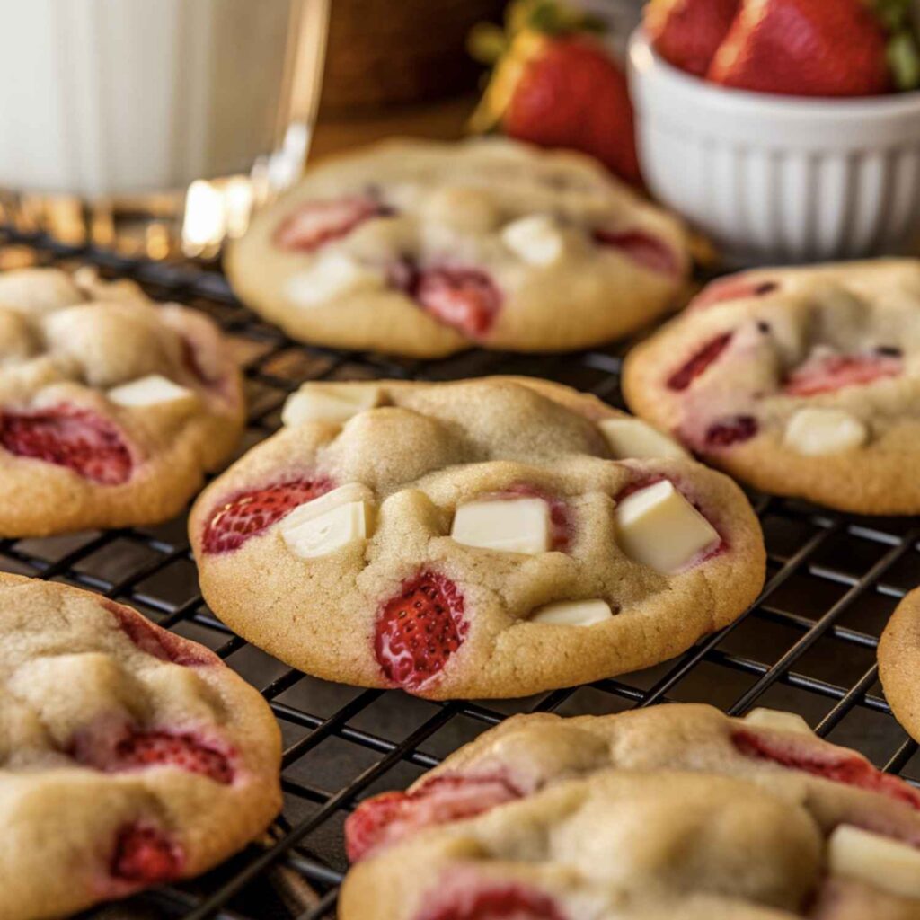 A batch of strawberry white chocolate cookies with gooey white chocolate chips and vibrant strawberry chunks.