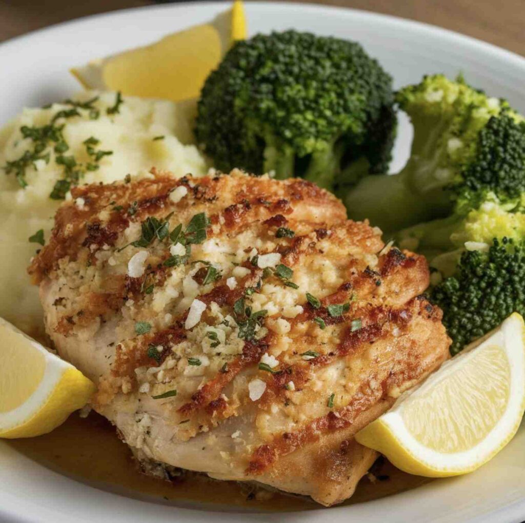 Longhorn Steakhouse parmesan crusted chicken served with mashed potatoes and steamed broccoli.