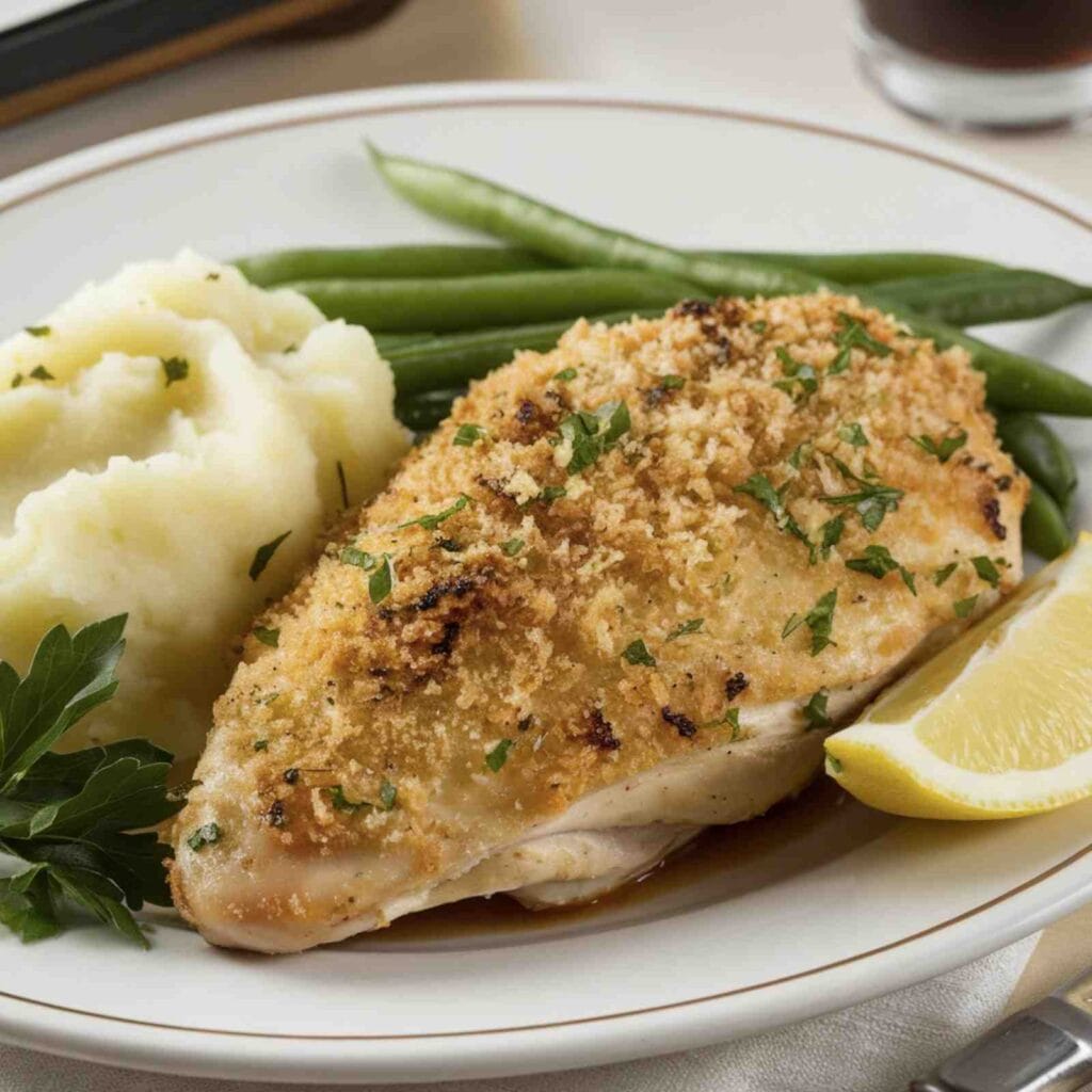 Longhorn Steakhouse parmesan crusted chicken served with mashed potatoes and steamed broccoli.