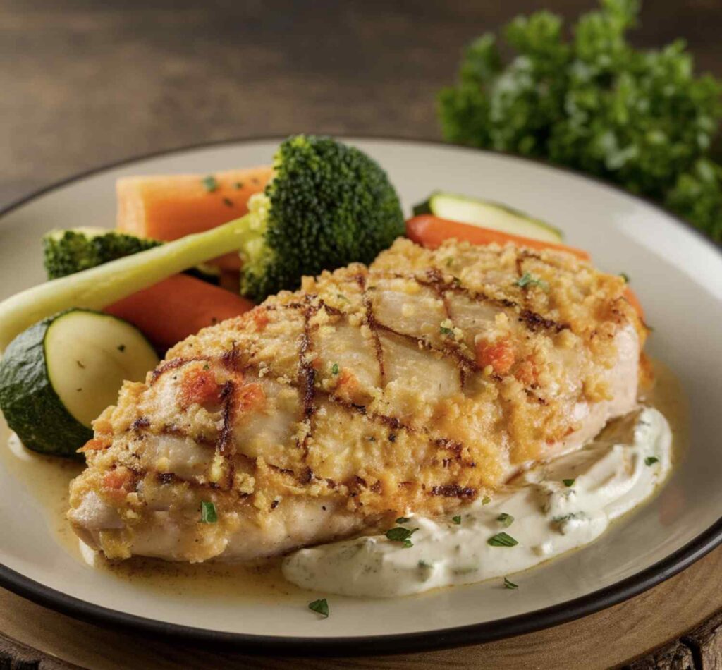 A delicious plate of parmesan crusted chicken at Longhorn Steakhouse with creamy topping and a side of steamed vegetables.