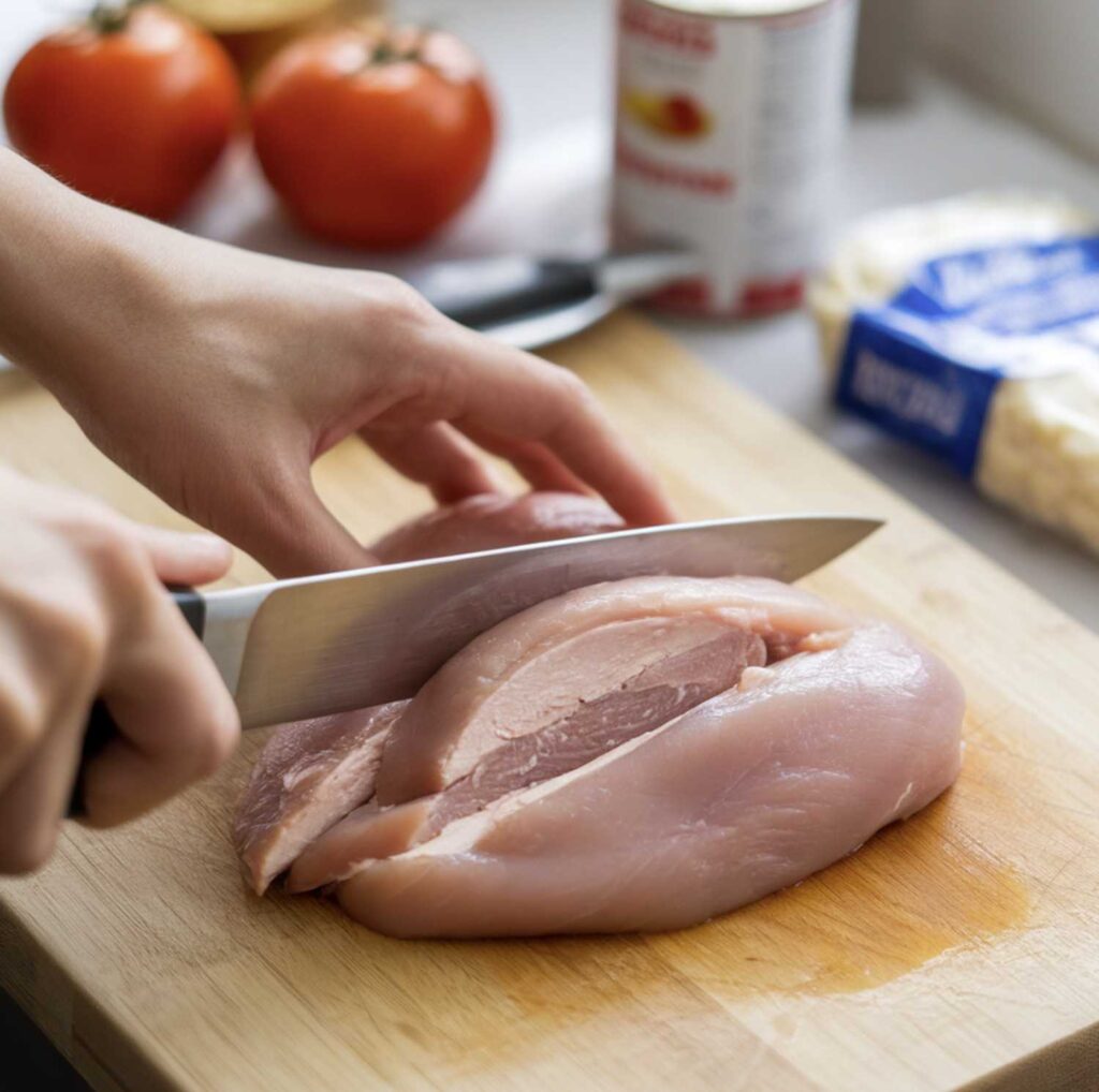 How to cut chicken for chicken parmesan, showcasing precise cutting techniques and tools.