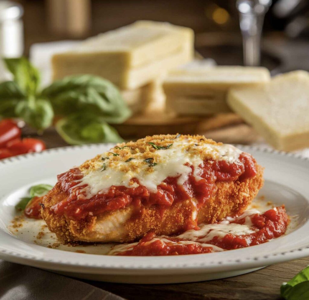 A beautifully plated Chicken Parmesan dish in a cozy kitchen setting