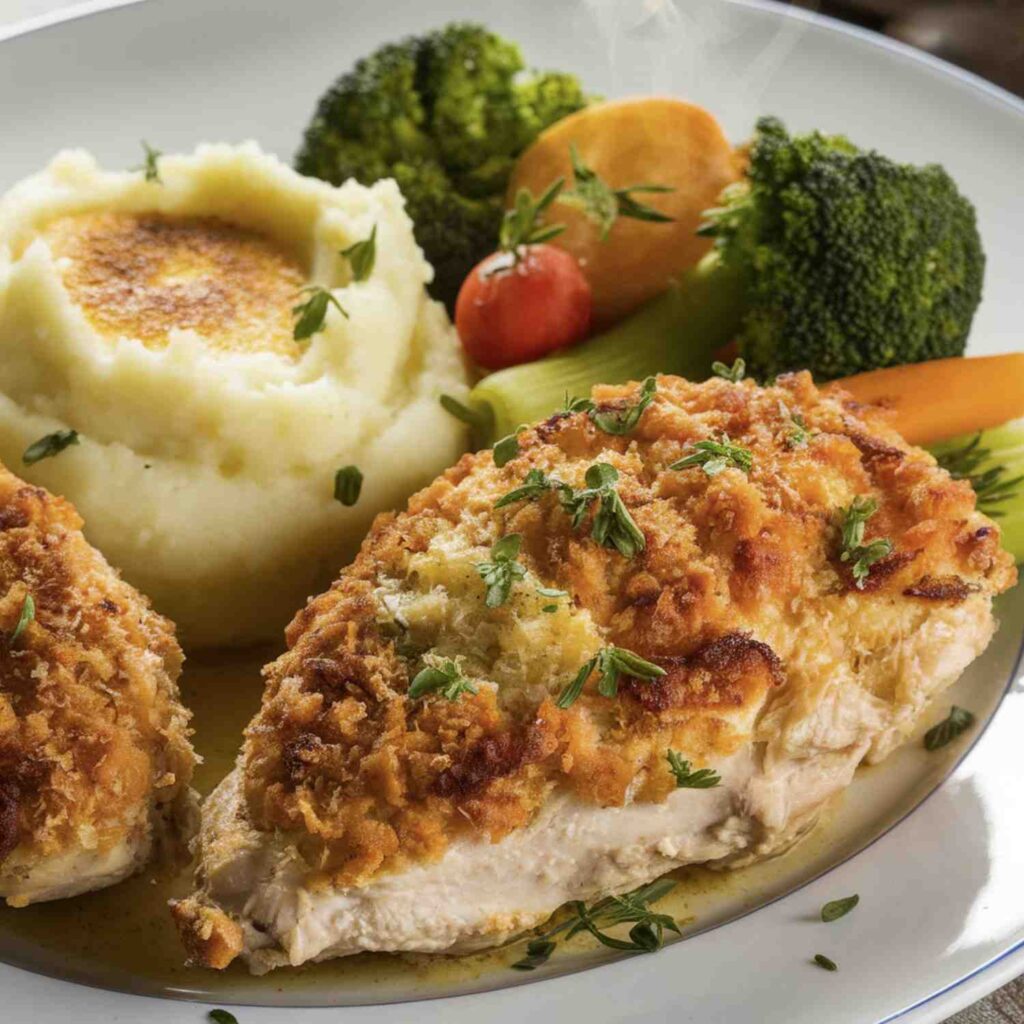 Delicious Longhorn Parmesan Crusted Chicken Recipe served with mashed potatoes and steamed vegetables.