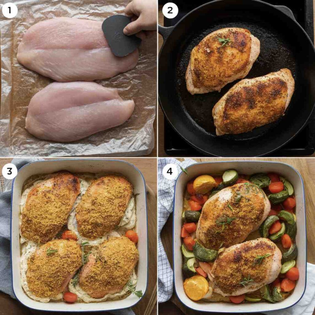 A step-by-step visual representation of preparing Longhorn Parmesan Crusted Chicken