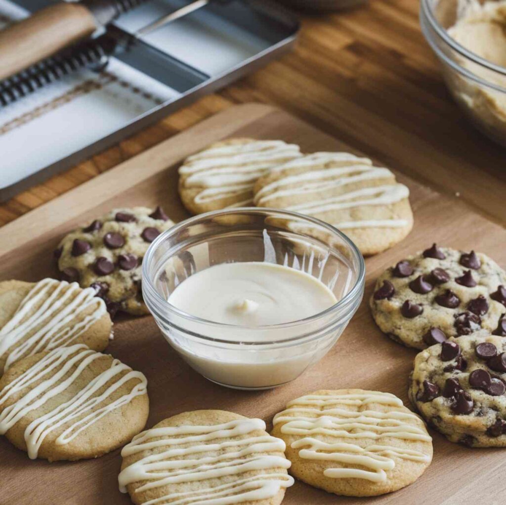 A baking scene featuring perfectly melted white chocolate in a small glass bowl 